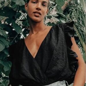 Lulus Smile Awhile Black Ruffled Surplice low back bodysuit size XL